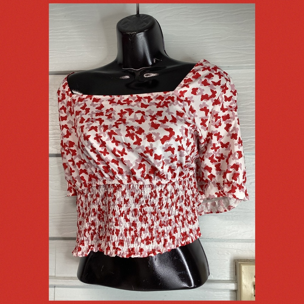 Red and White Floral Smocked Women's Top.31